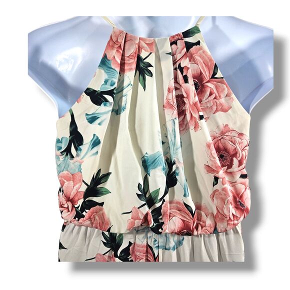 A'GACI Jumpsuit Medium Pink Multicolored Floral Peony Print Halter Wide-Leg Pant - Picture 4 of 16